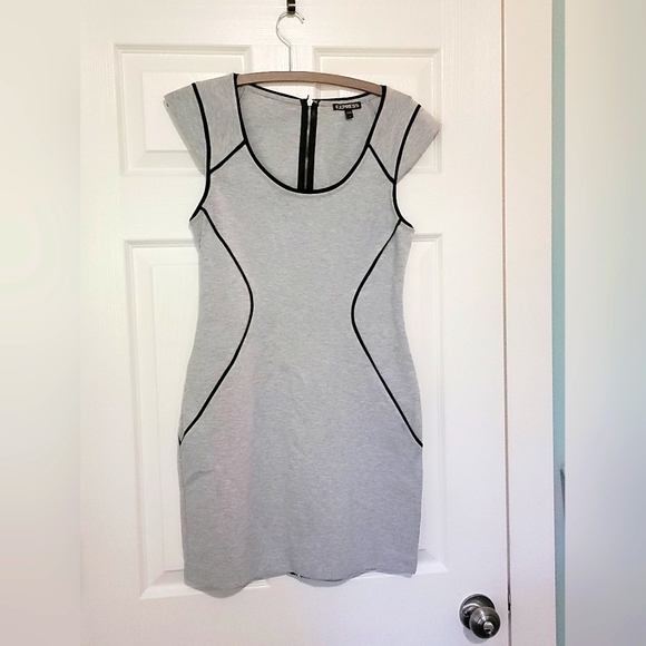 EXPRESS BODYCON WOMANS DRESS HEATHER GRAY WITH BLACK TRIM SIZE 8 FULLZIP - Picture 1 of 3